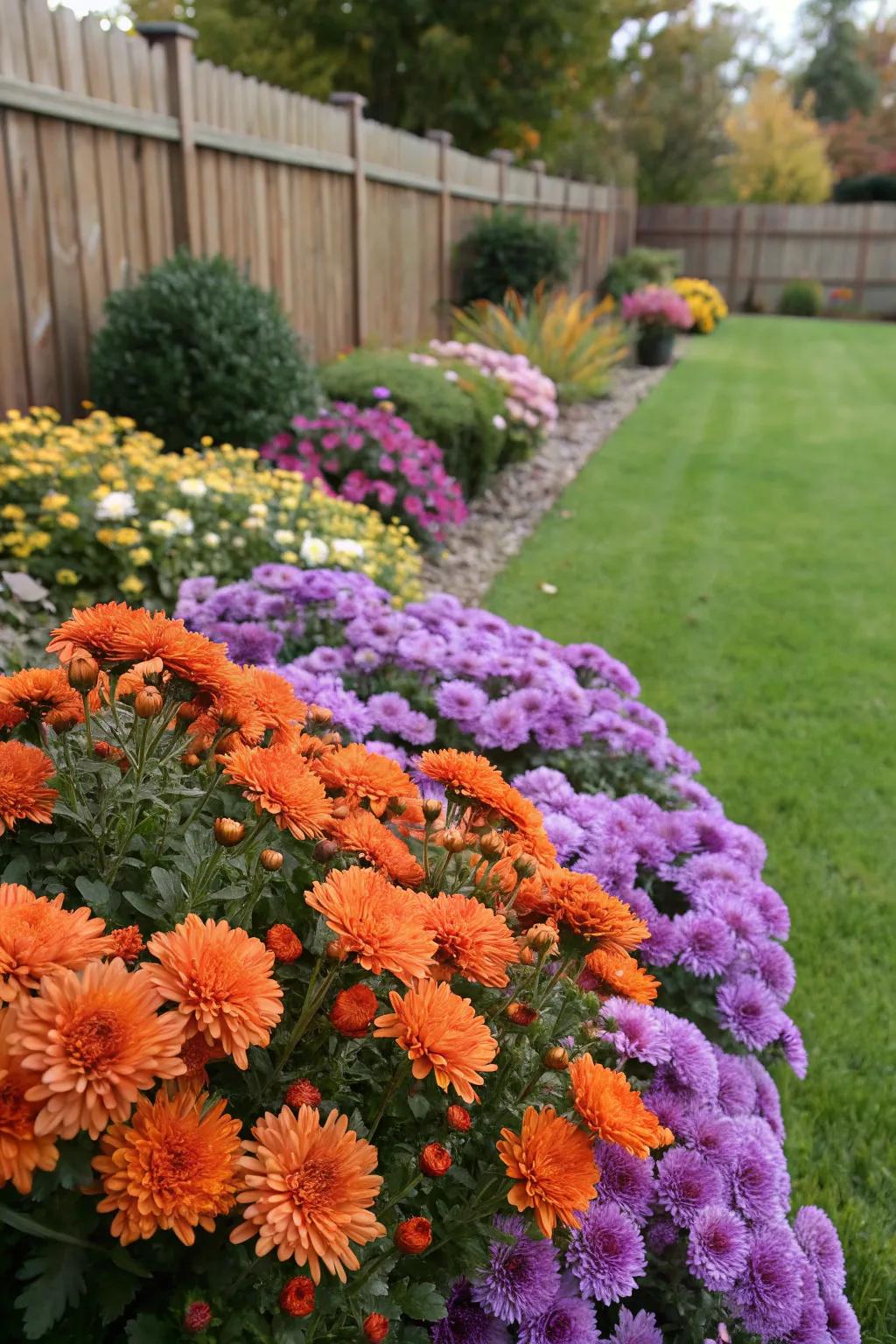 Illuminate your front garden with bright chrysanthemums and asters.