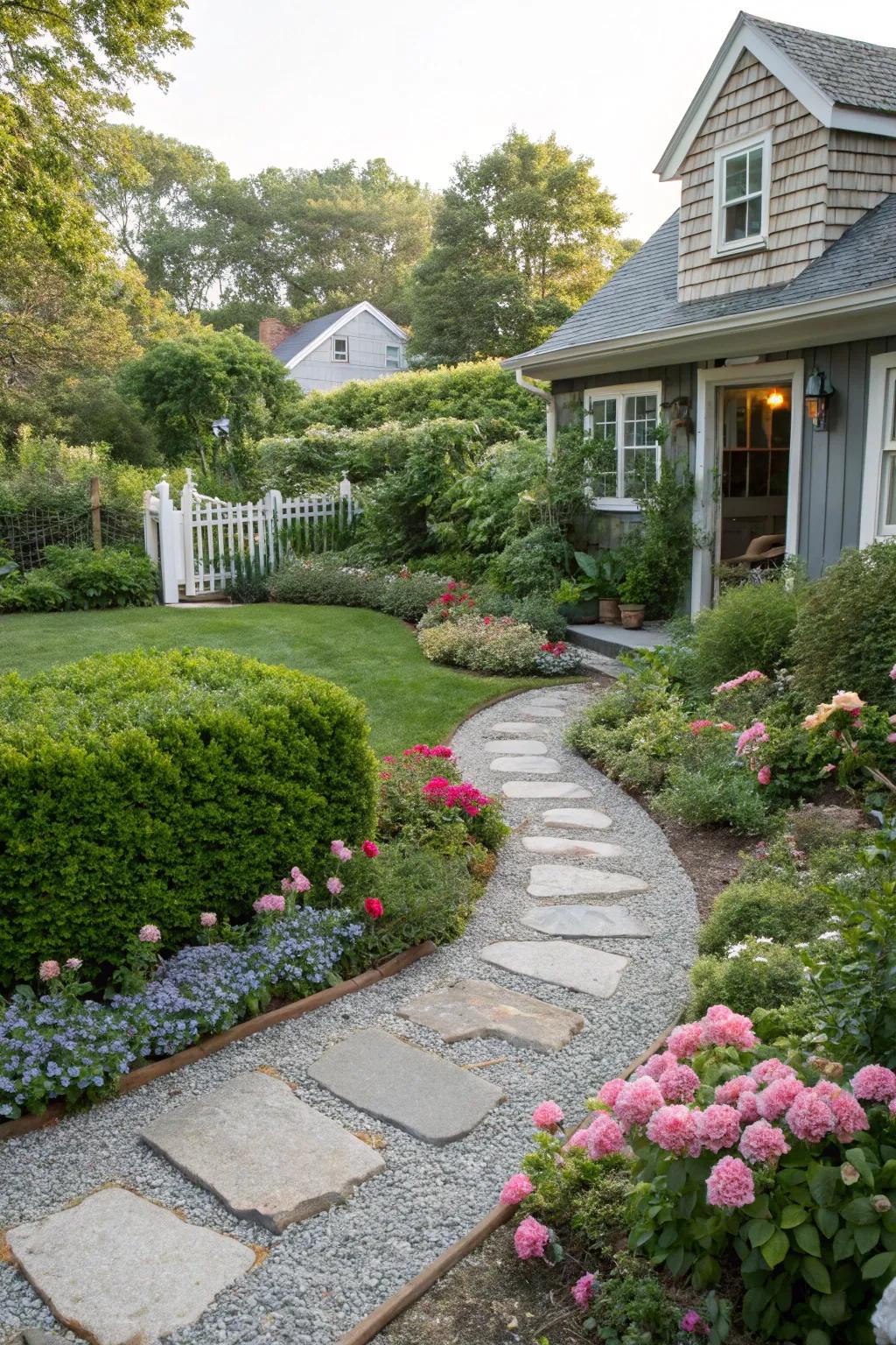 Alluring gravel walkways meandering through a flourishing garden landscape.