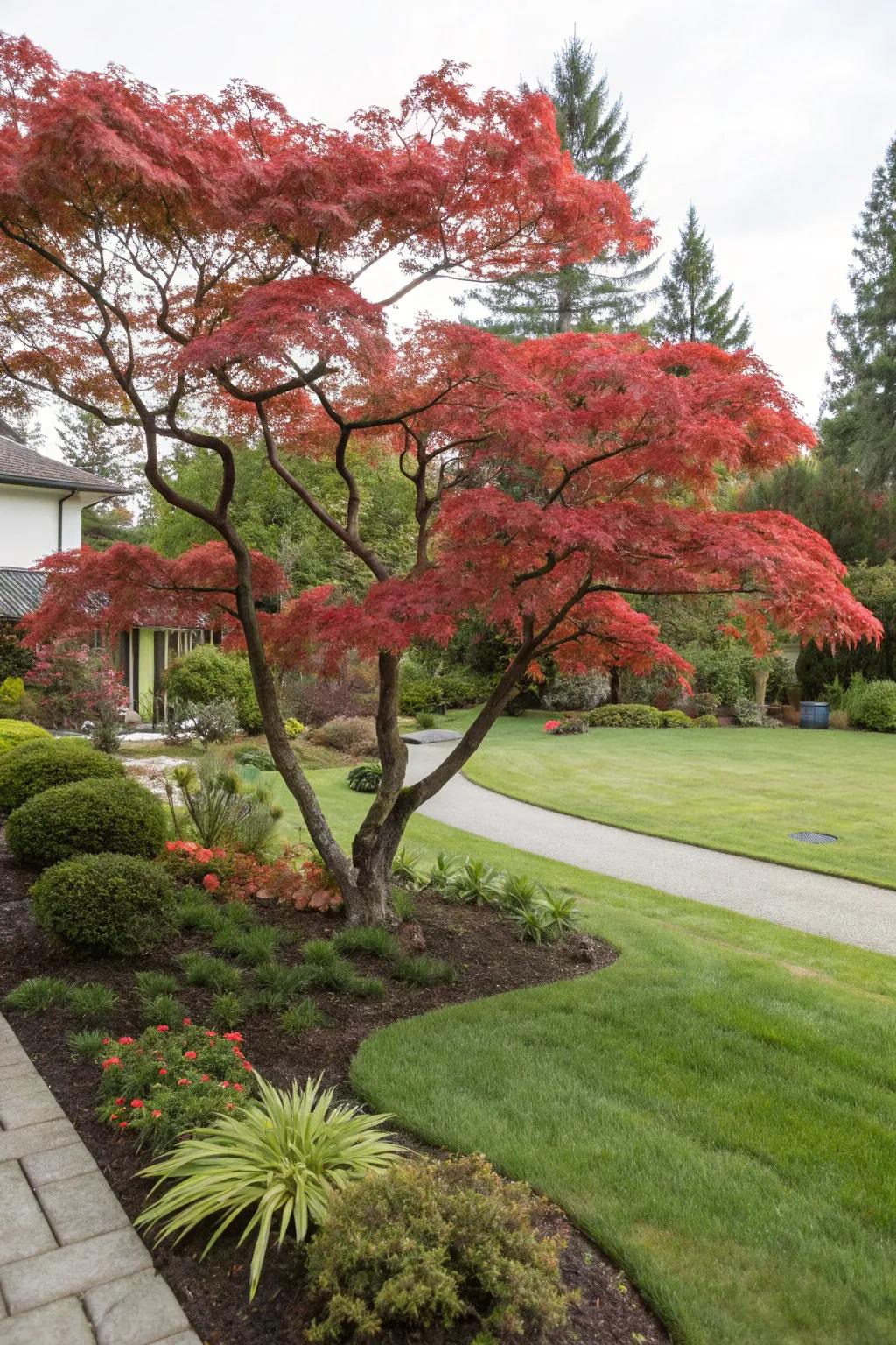 A Japanese maple tree stands out as the main focal point in this front yard.