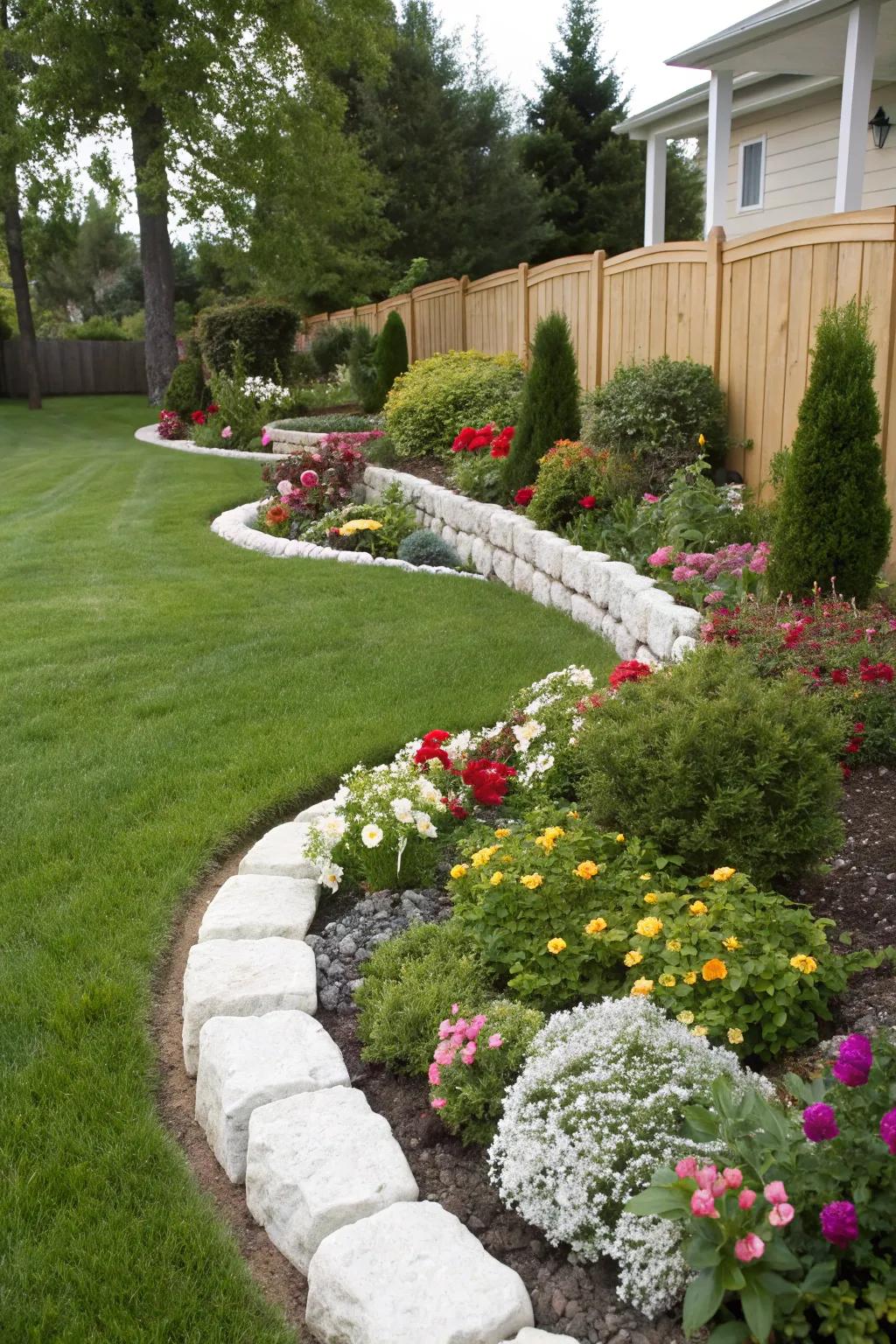 Pure rock borders create an appealing contrast with lively flower beds.