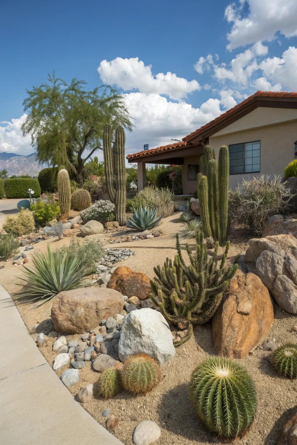 A desert-influenced xeriscape garden showcases cacti and succulents as prominent features.