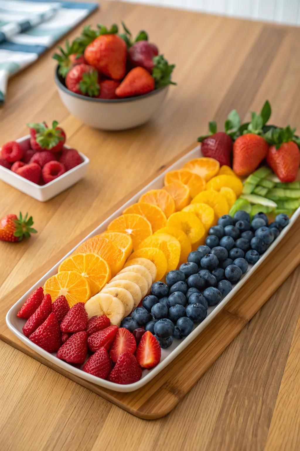 An arrangement of fruits that artistically mirrors the colors of a spectrum.