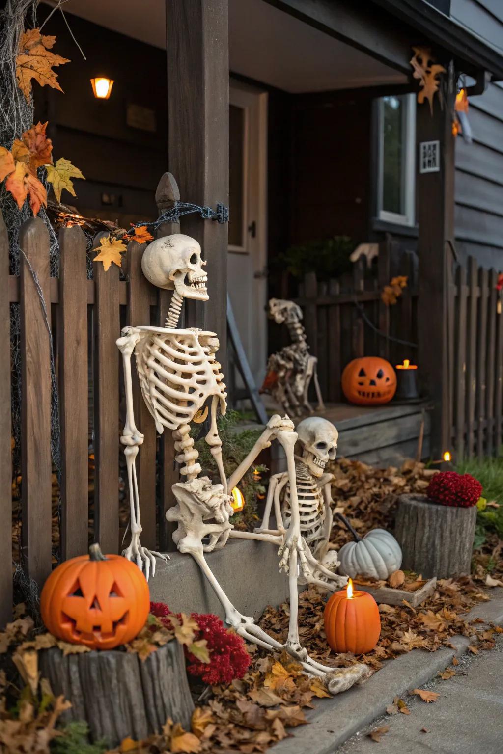 A skeleton family enjoying a relaxed day on the porch.