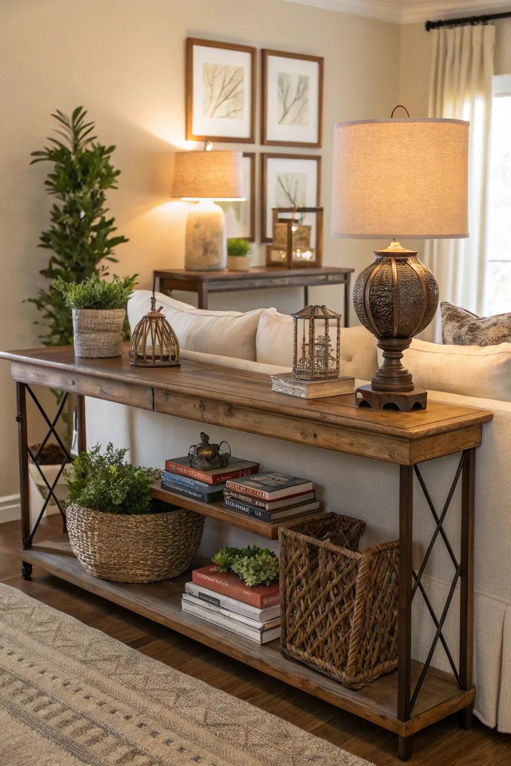 An elegant console table decorated with literary volumes and botanical accents for a welcoming ambiance.