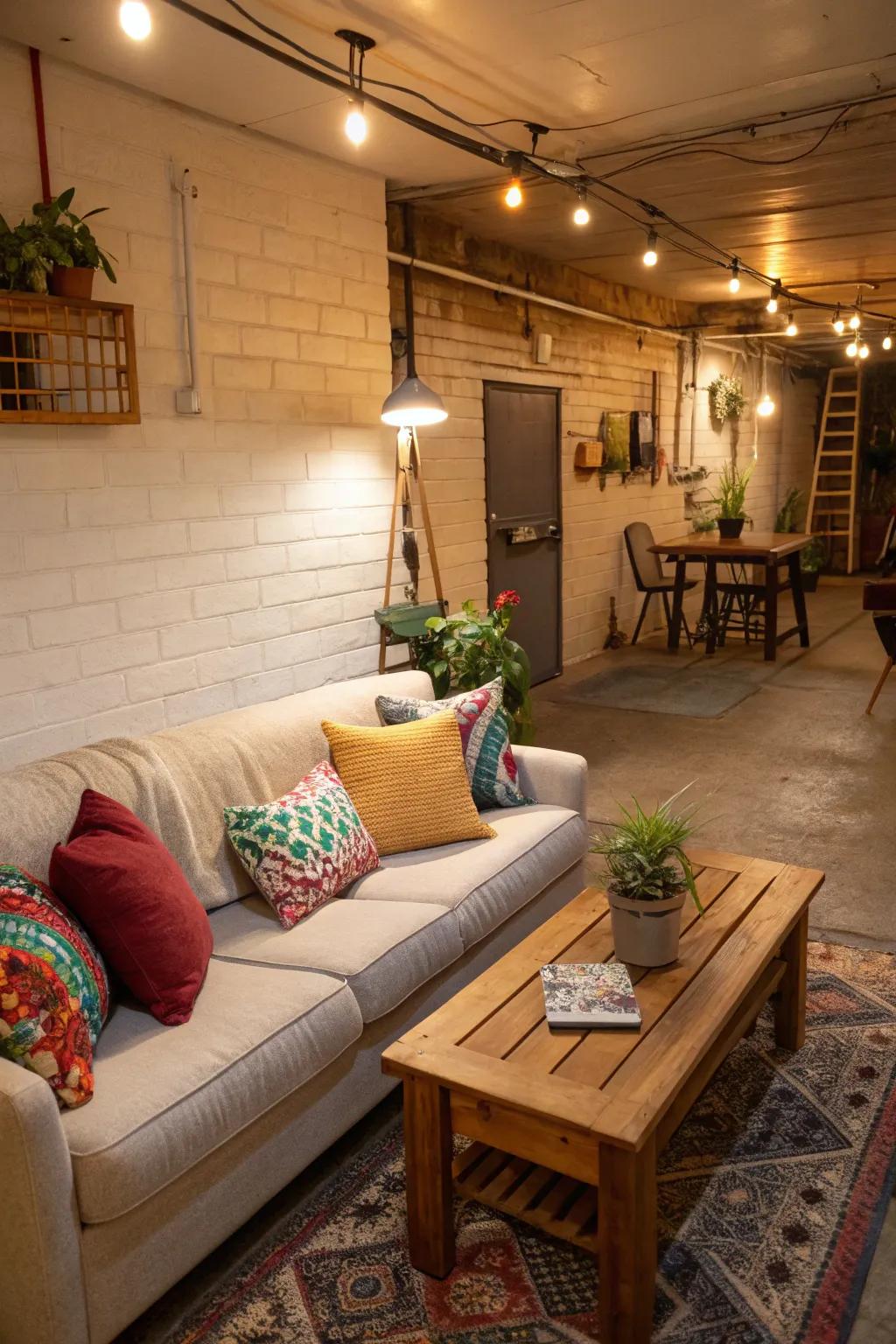 An inviting living space features a luxurious sofa and charming decorations.