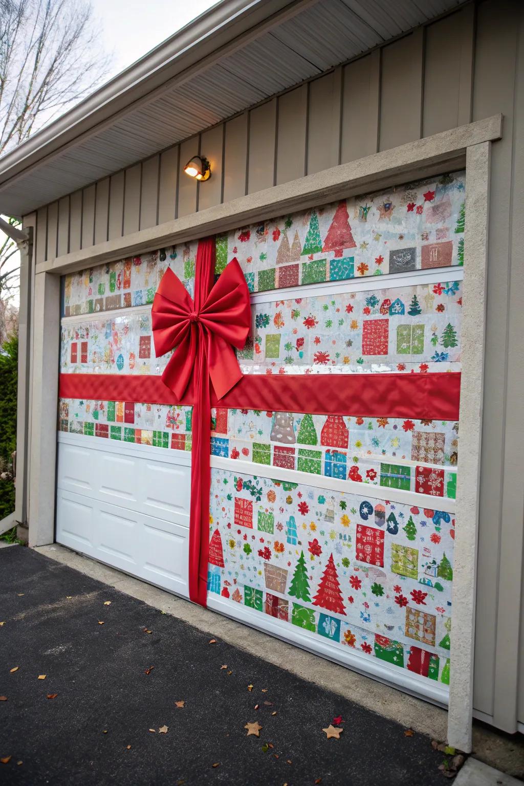 Garage door wrapped like a giant Christmas present with a red bow.