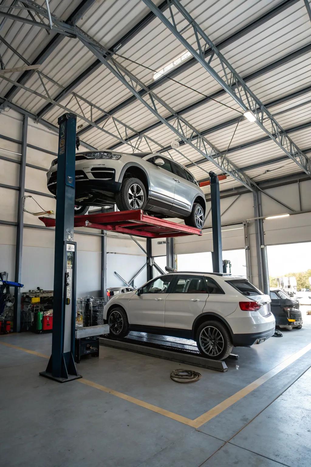 A cutting-edge use of vertical space employing a sophisticated car lift apparatus.