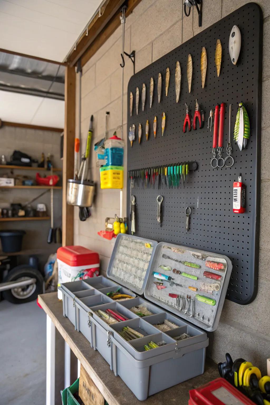 A perforated board wall delivers a straightforward yet impactful solution for showcasing and arranging fishing equipment.
