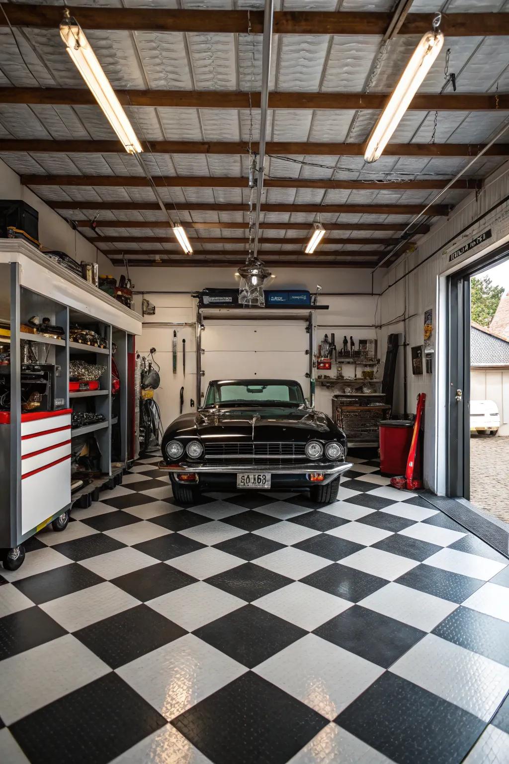 Enhance your garage through a classically styled checkerboard tile layout.