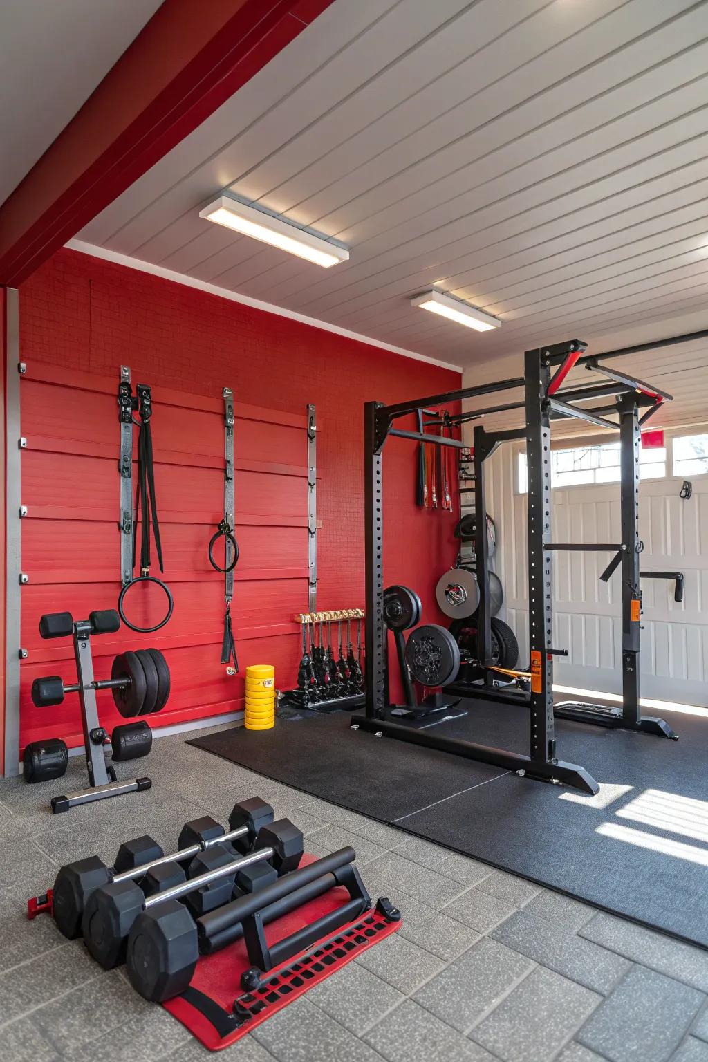 Infuse vigor into your fitness regimen using a striking red feature wall.