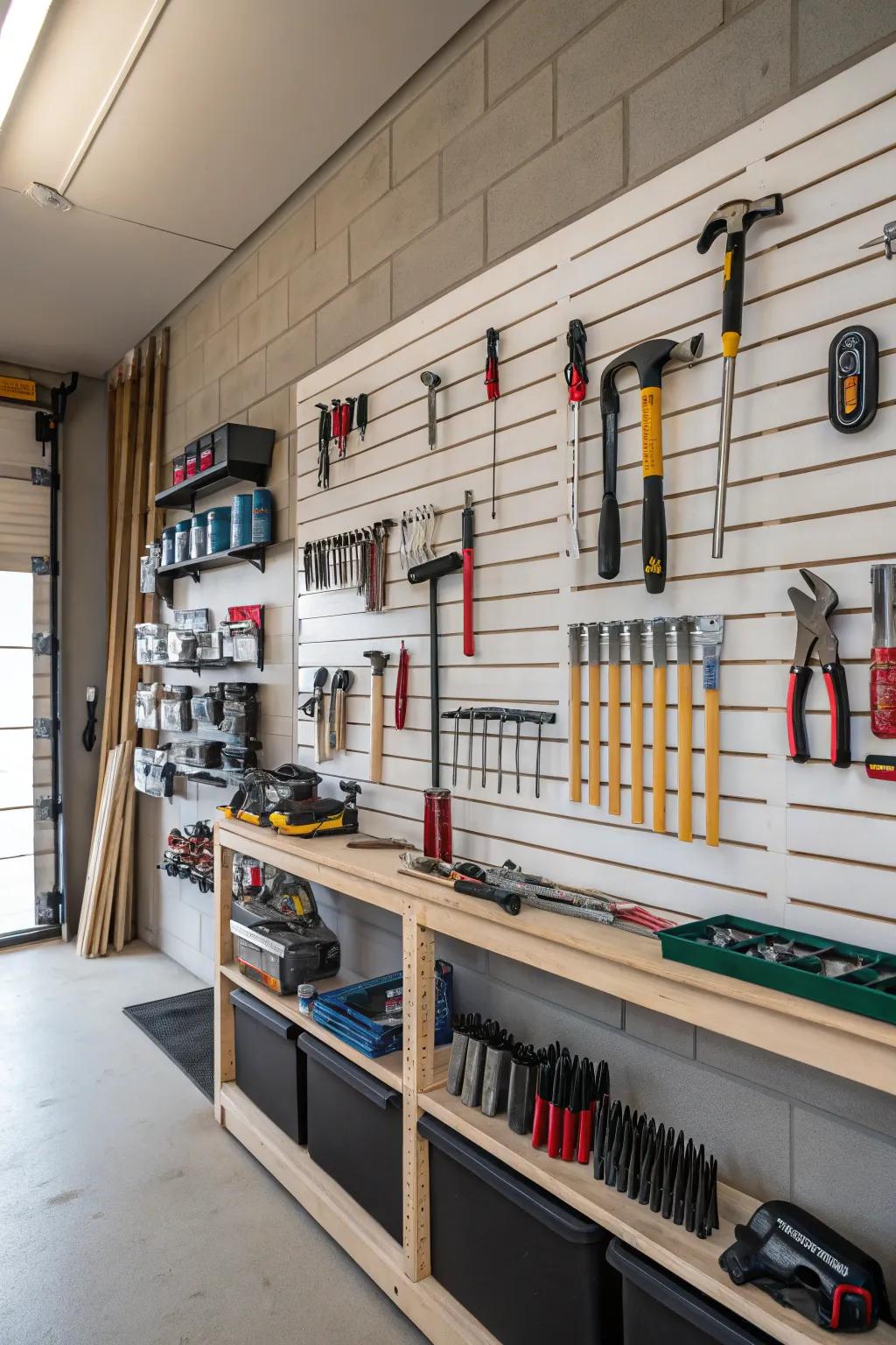 Organize your tools effectively with slatwall storage.