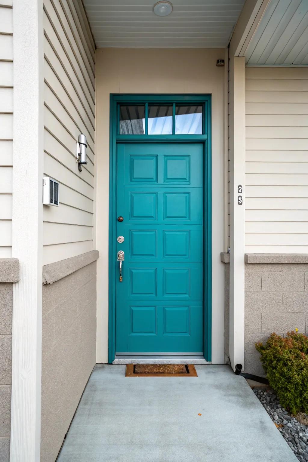 A bold teal door adds a pop of color to an otherwise neutral garage setting.