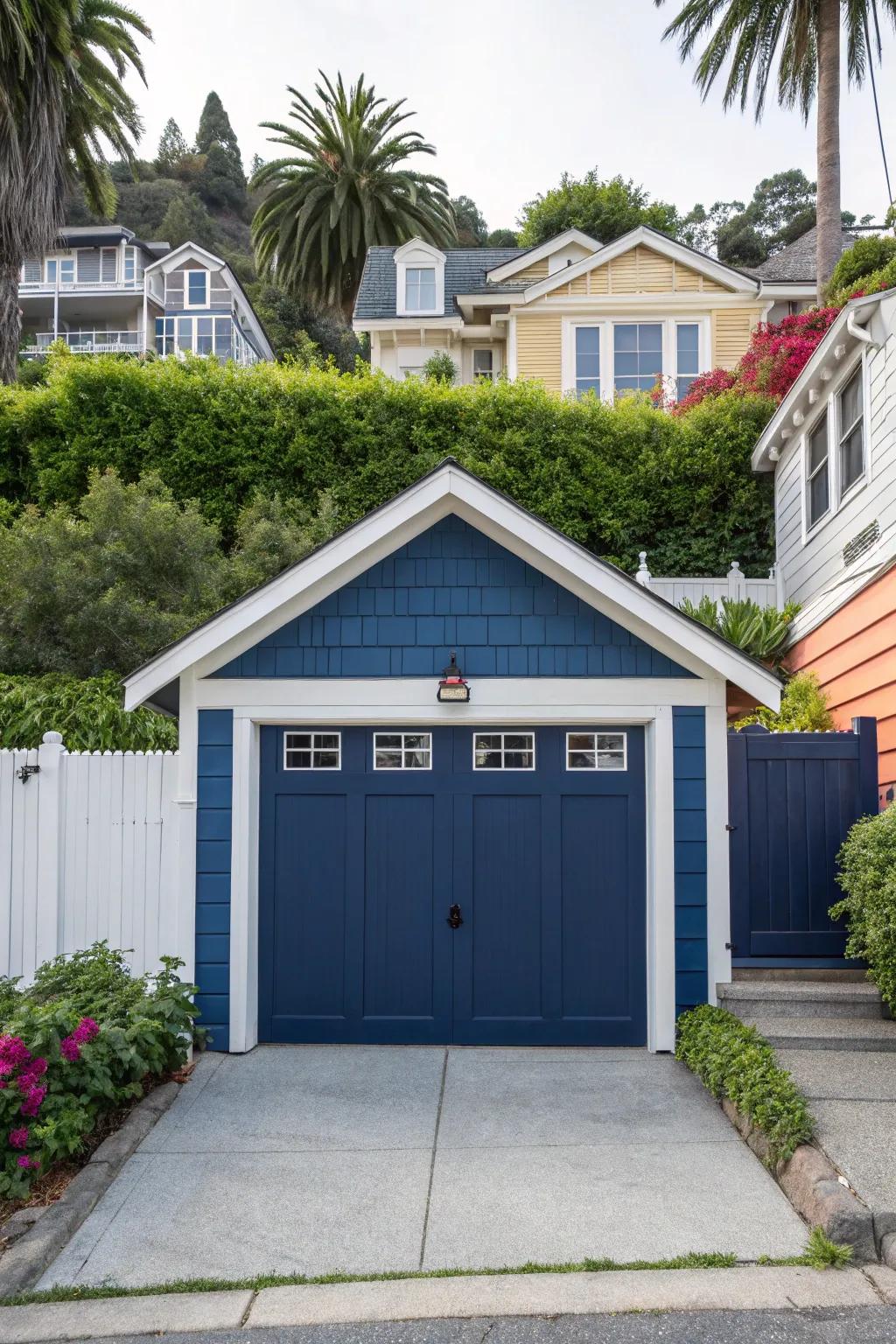 A garage door enhanced by the use of contrasting trim colors, making a distinctive statement.