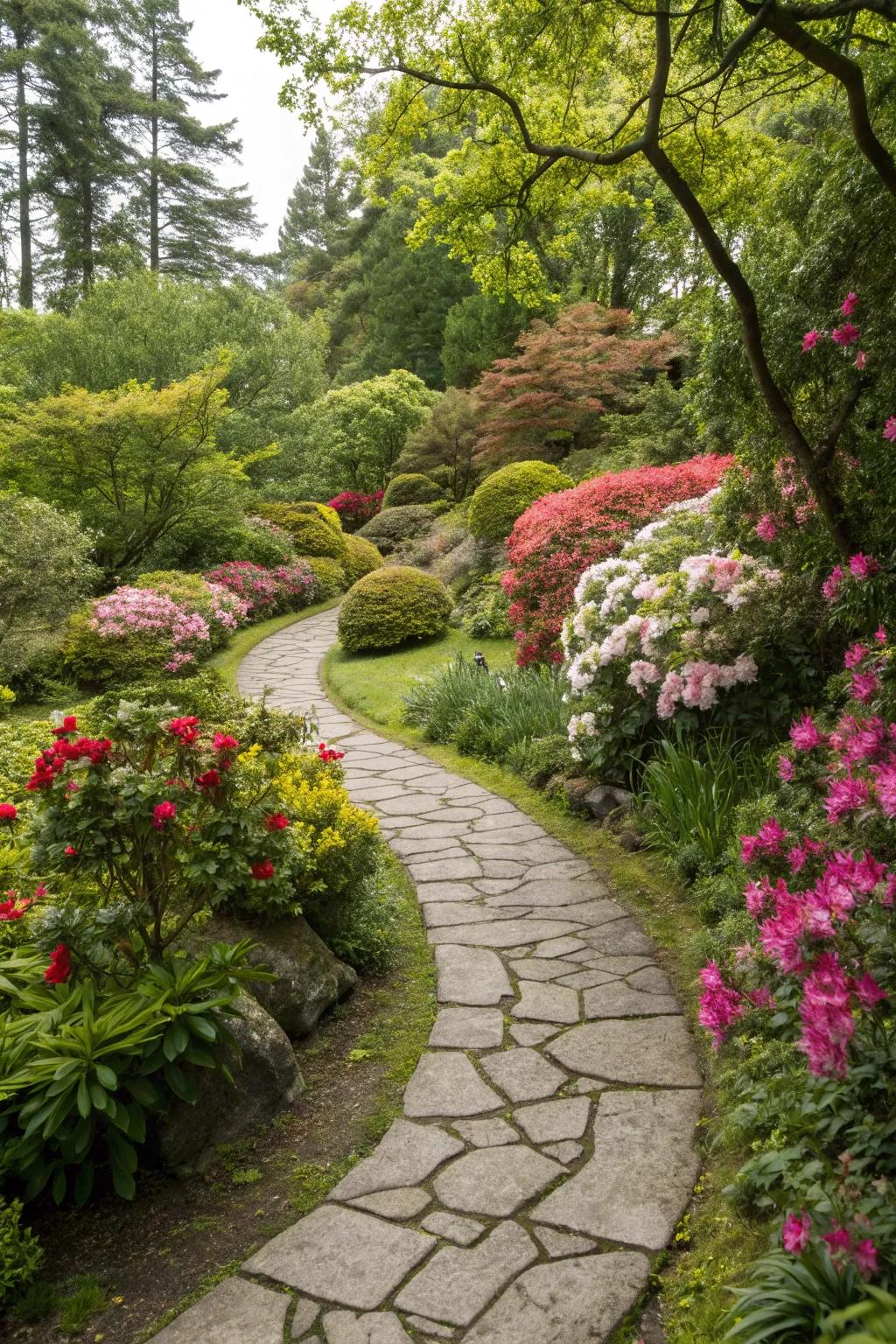 A captivating rock route winding through a garden loaded with energetic plants.