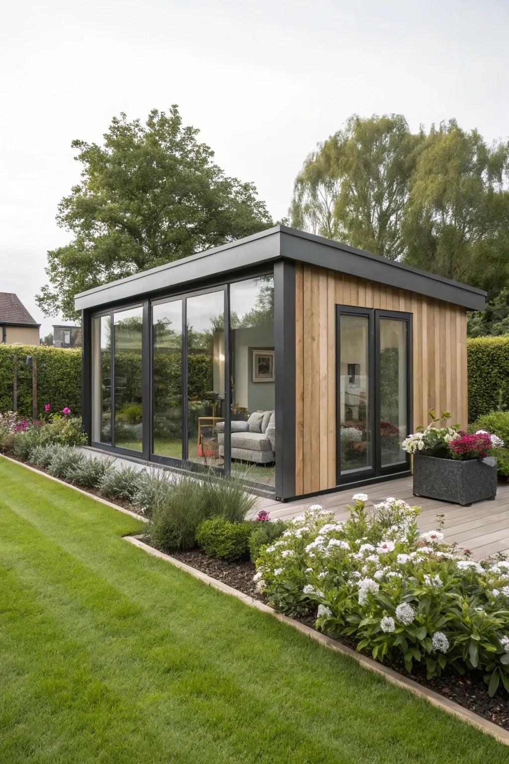 An elegant garden pod displaying contemporary flair, providing a stylish escape for work.