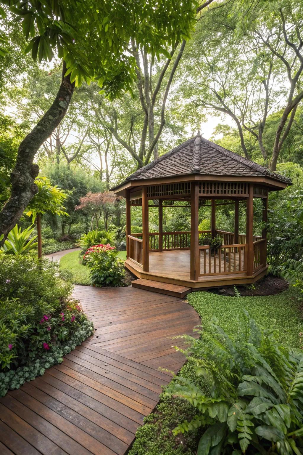 Relish the ageless allure of timber planks for a snug gazebo.