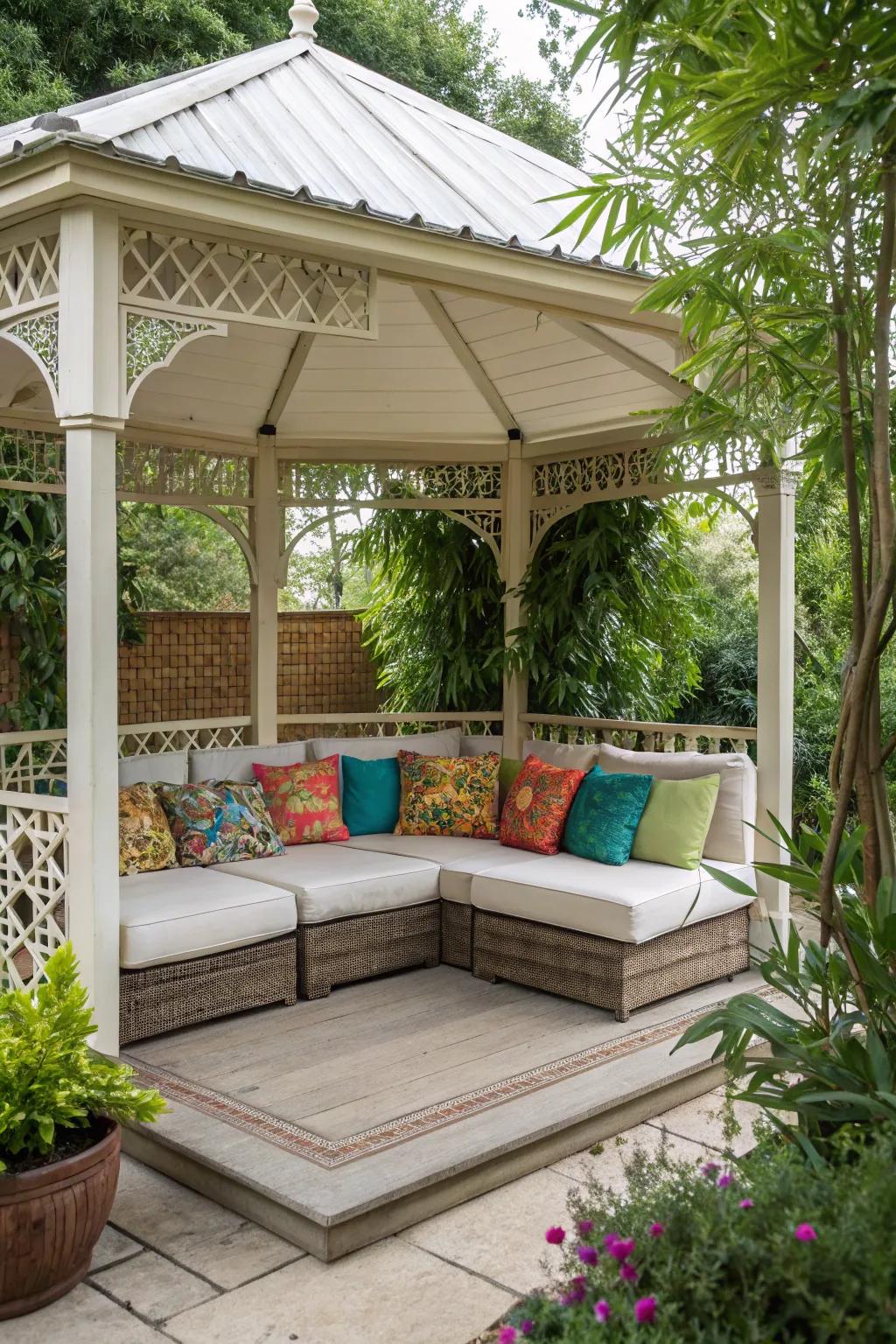 An inviting outdoor couch can turn your gazebo into a peaceful sanctuary.
