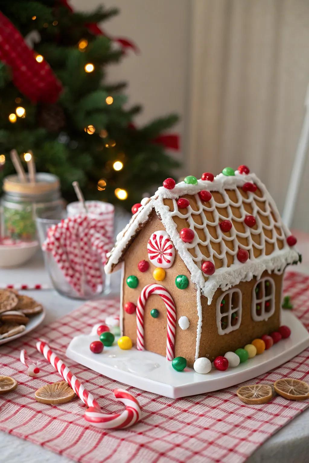 A gingerbread house roof decorated with peppermint sticks.