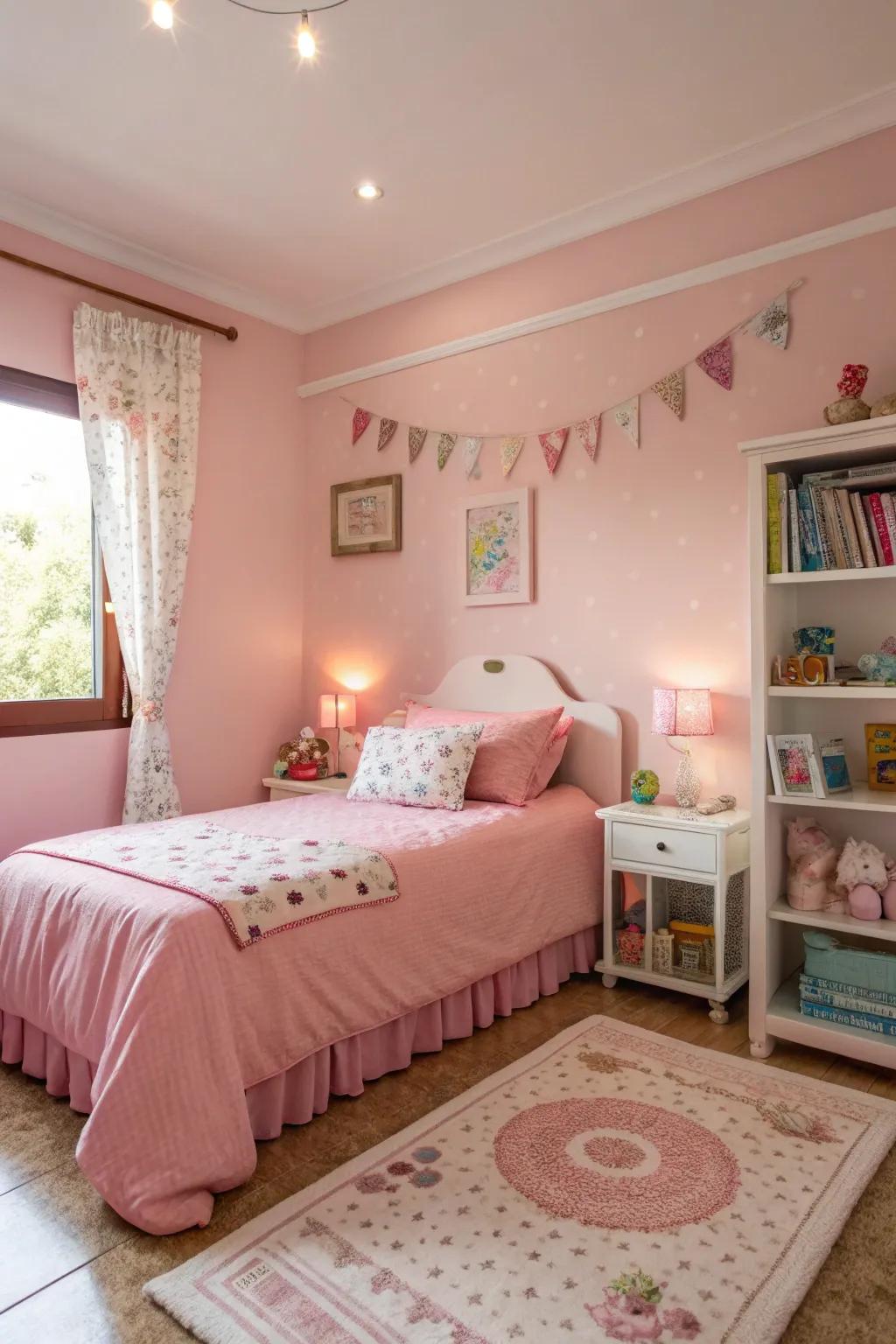 A tranquil girl's bedroom featuring walls in gentle rose.