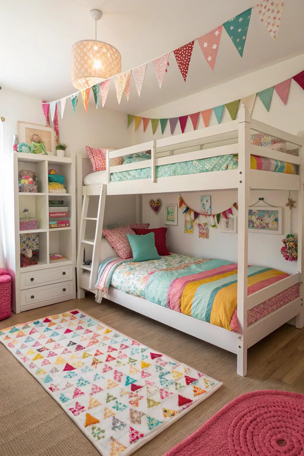 Stacked beds in a girls' room conserve space, delivering both utility and enjoyment.