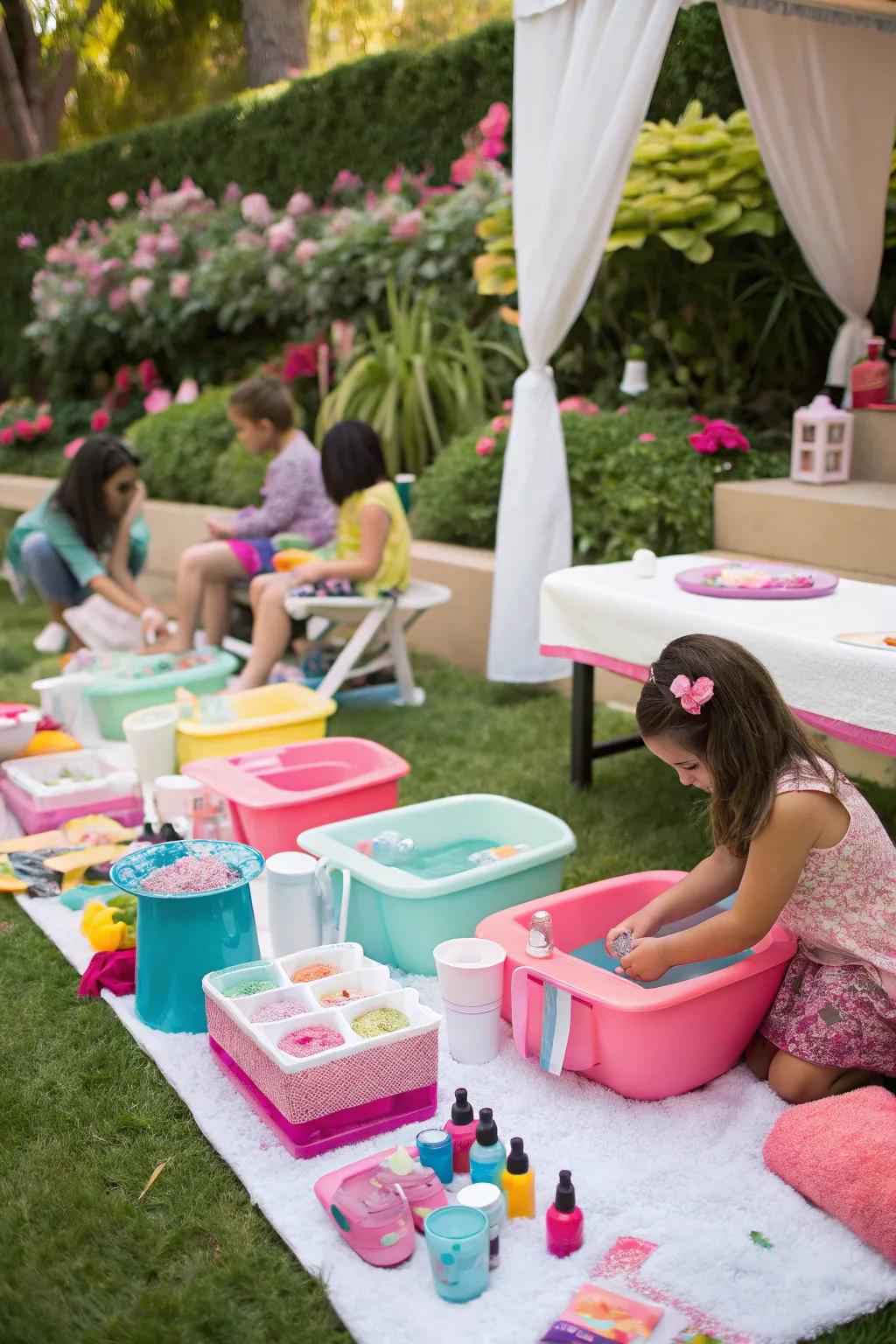 Relaxing spa corners primed for pampering at a girl's birthday celebration.