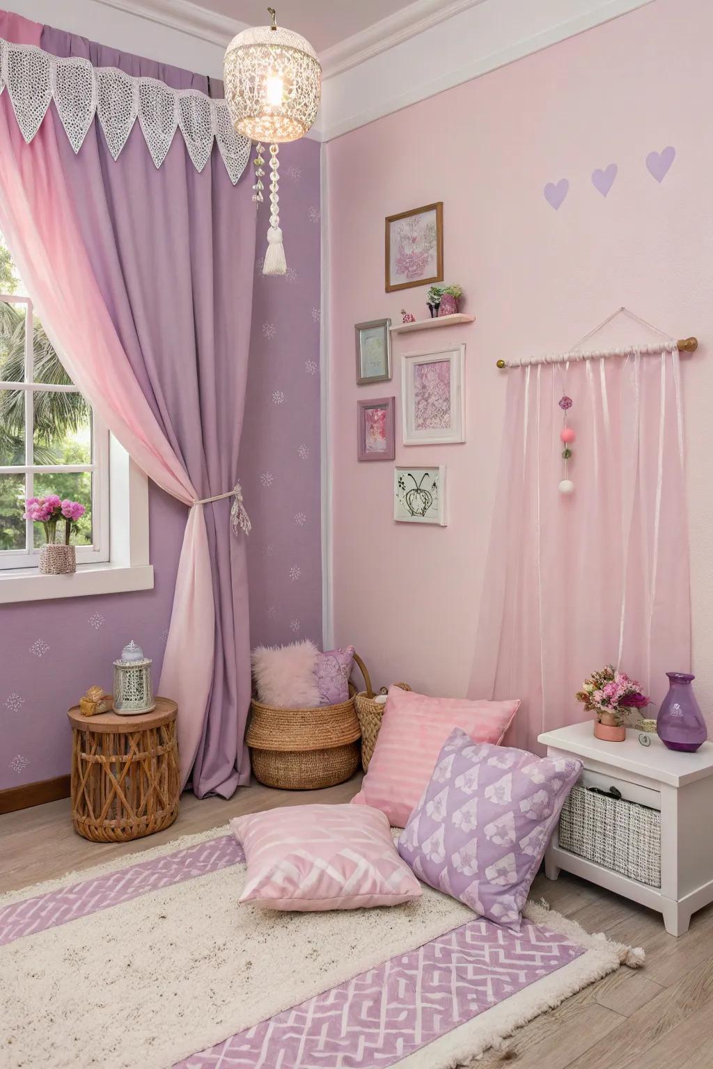 A serene pastel environment featuring rose and lilac shades, ideal for cultivating tranquility.
