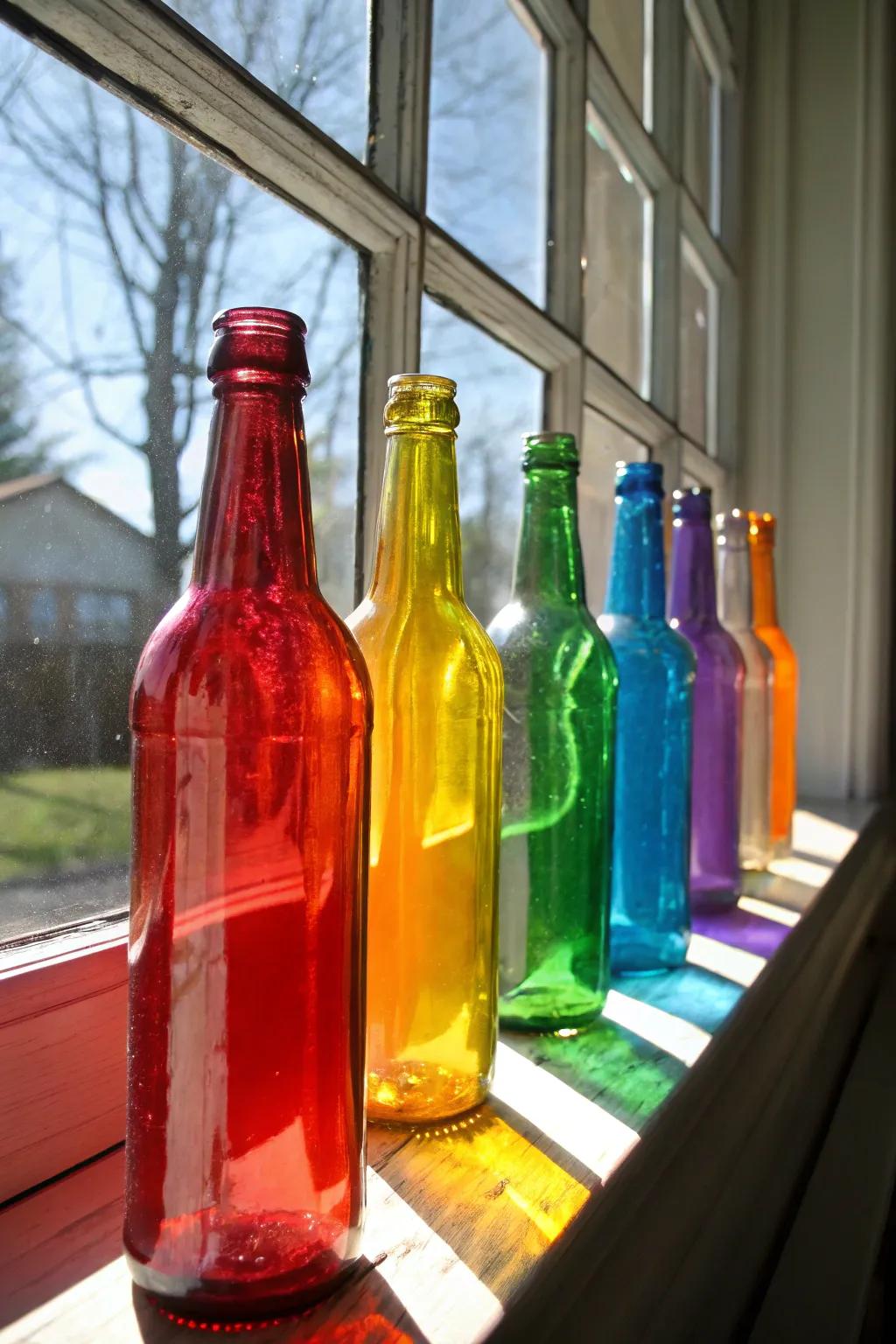 Sunlit, brilliantly painted bottles, perfect for enhancing the ambiance of any season.