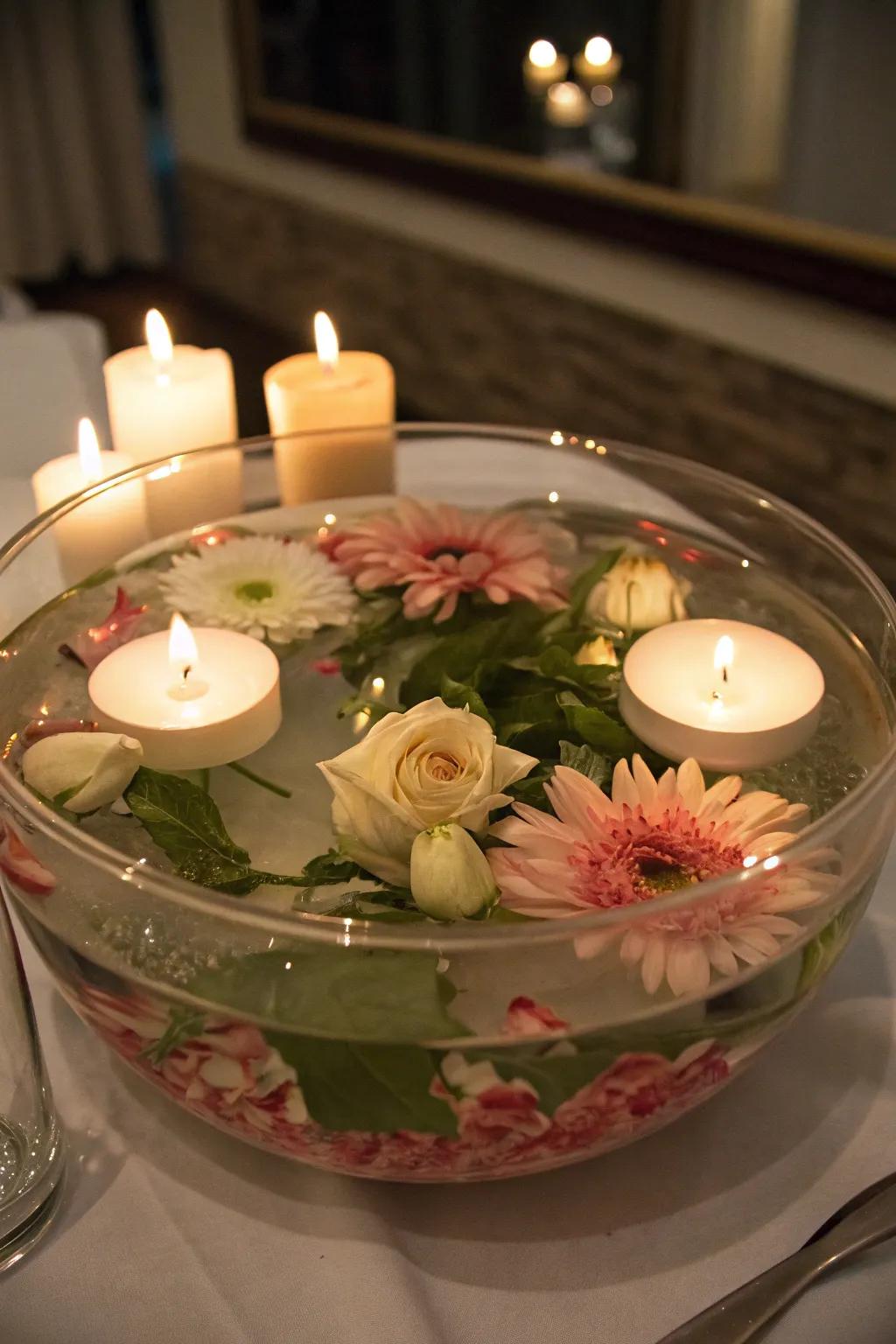 A glass bowl featuring floating lights and blossoms crafts a romantic setting.