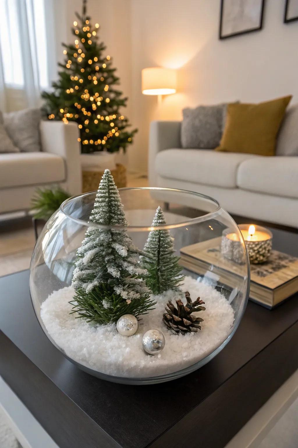 A crystal vessel showcasing a miniature Christmas tree amidst faux snow.