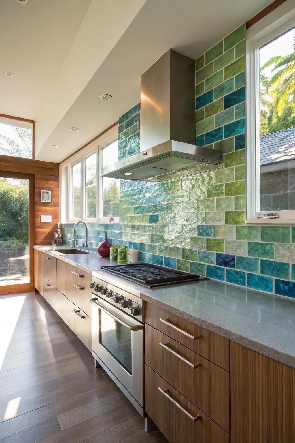 A vibrant glass tile backsplash bestows a surge of individuality to any kitchen setting.
