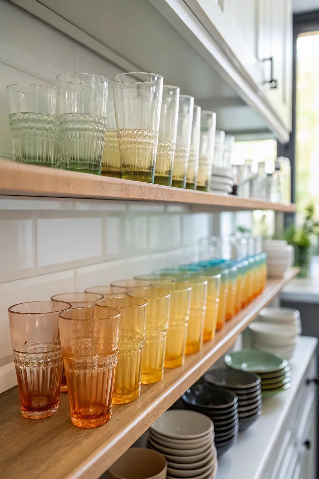 An awe-inspiring chromatic spectrum of glassware gracefully adorning a kitchen shelf.