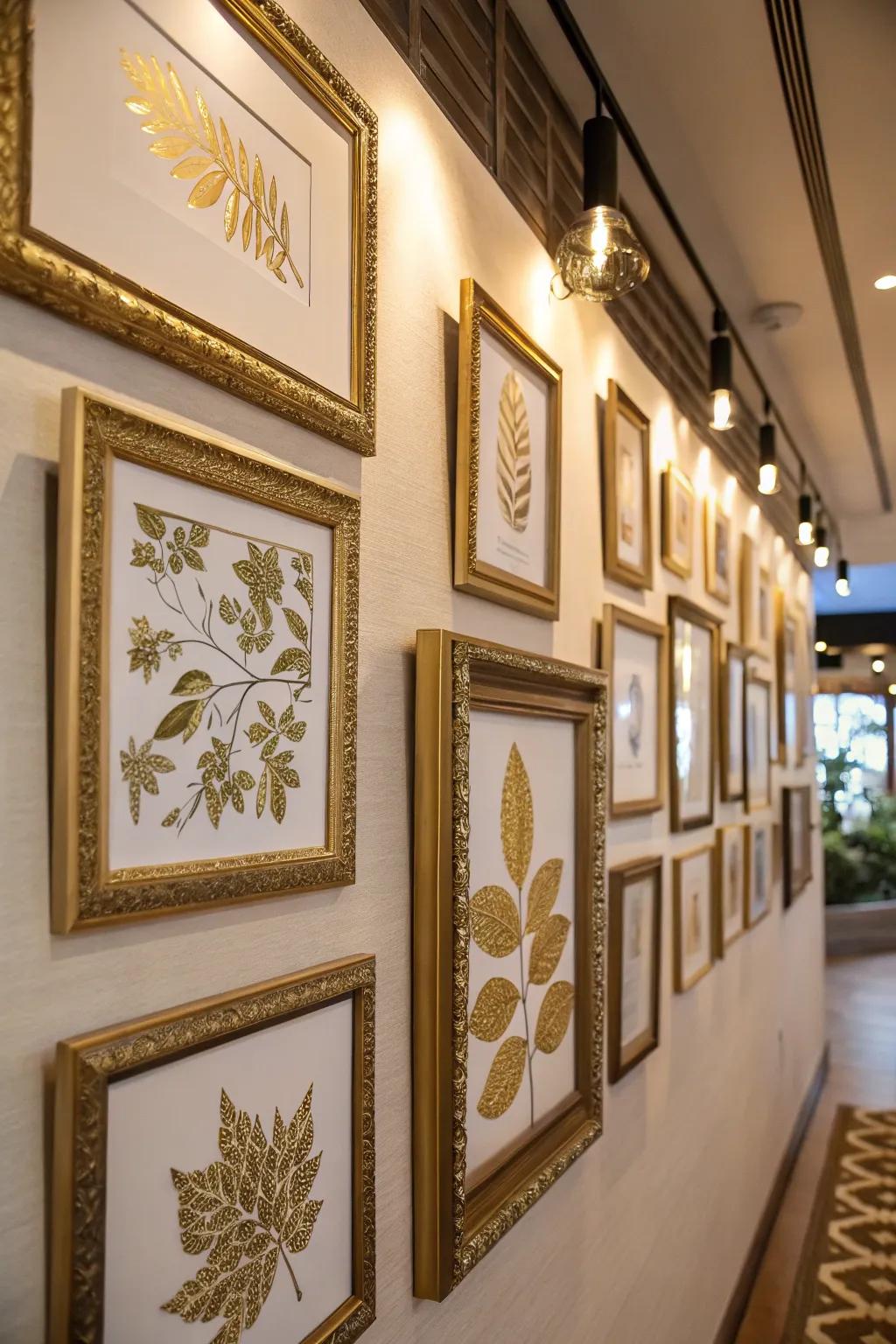 Enhance your gallery wall with frames adorned with gold leaf.