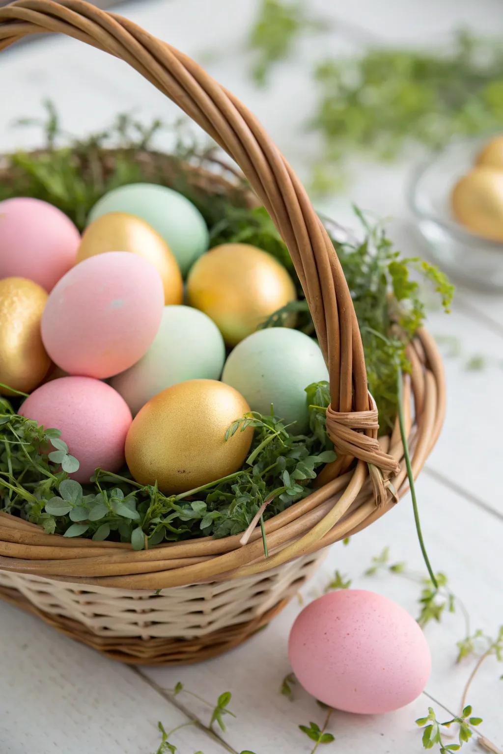 Gilded eggs highlighted within a vibrant, soft-toned container.