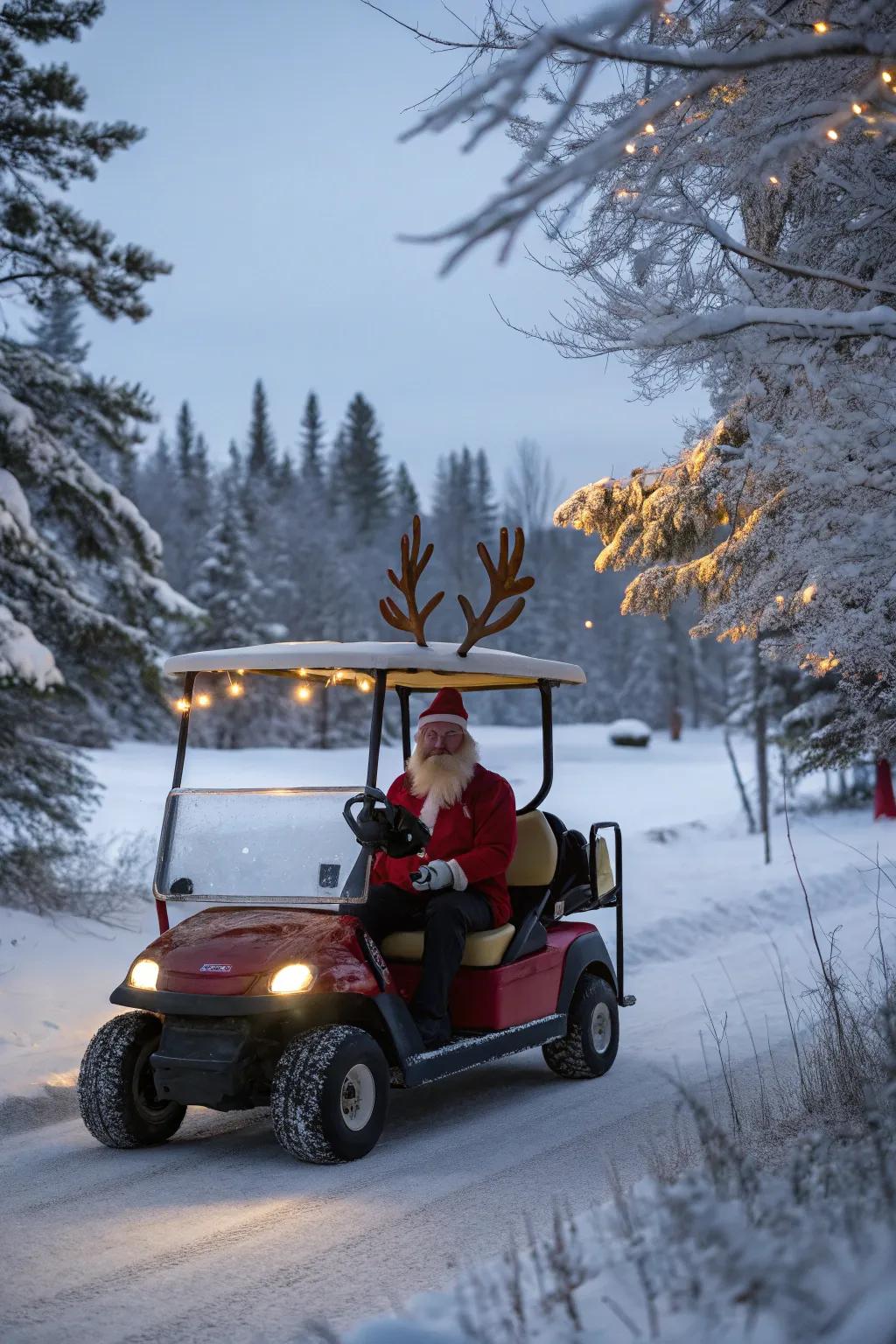 A Santa's sleigh-themed golf cart, poised to spread holiday happiness.