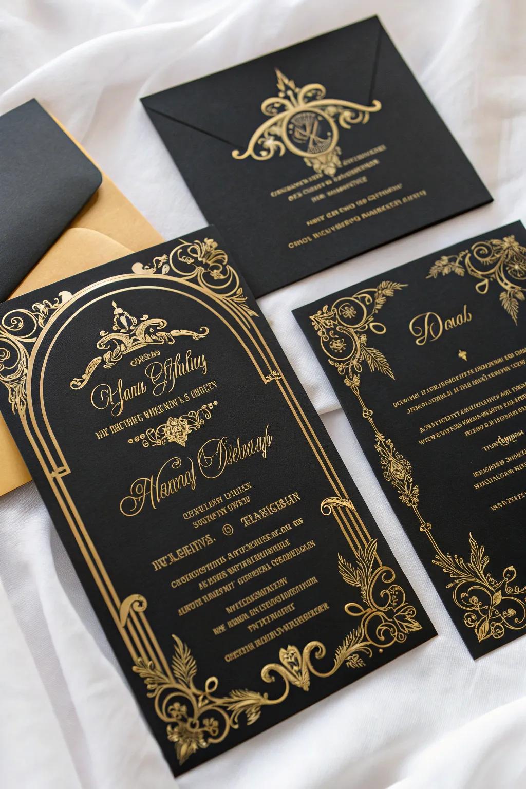 Sophisticated Gothic wedding invitations showcasing black and gold foil patterns.
