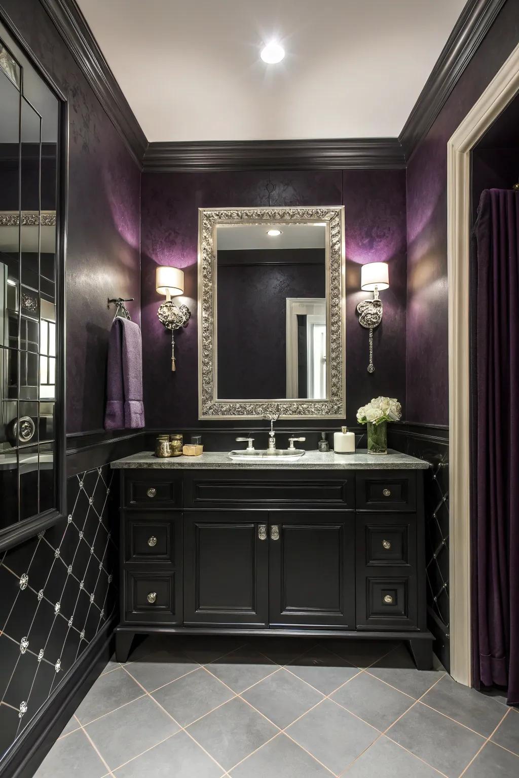 A bathroom swathed in profound tones, engendering a welcoming yet theatrical environment.