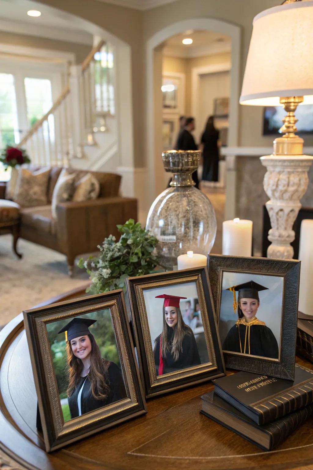 A refined centerpiece featuring the graduate’s framed photos, adding an intimate and personal element.