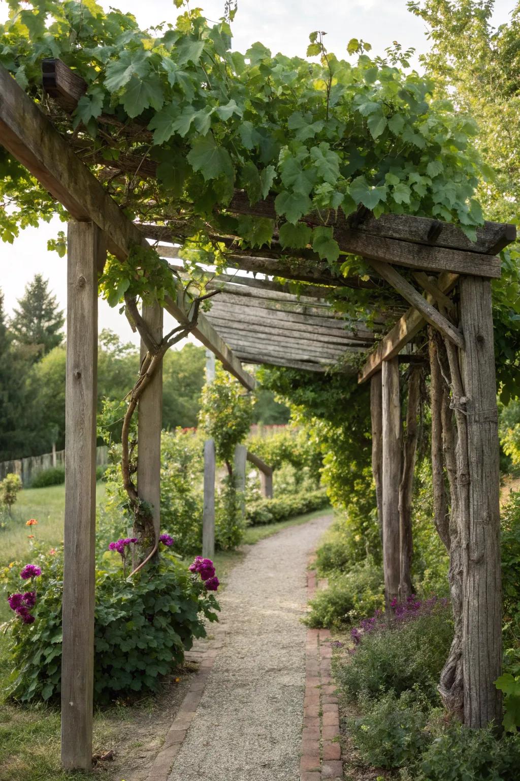 A traditional wooden trellis offers a natural ambiance for your grapevines.