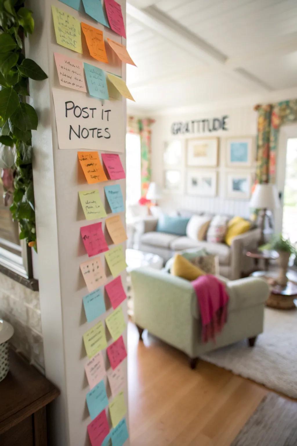 A lively gratitude display showcasing vibrant adhesive notes.