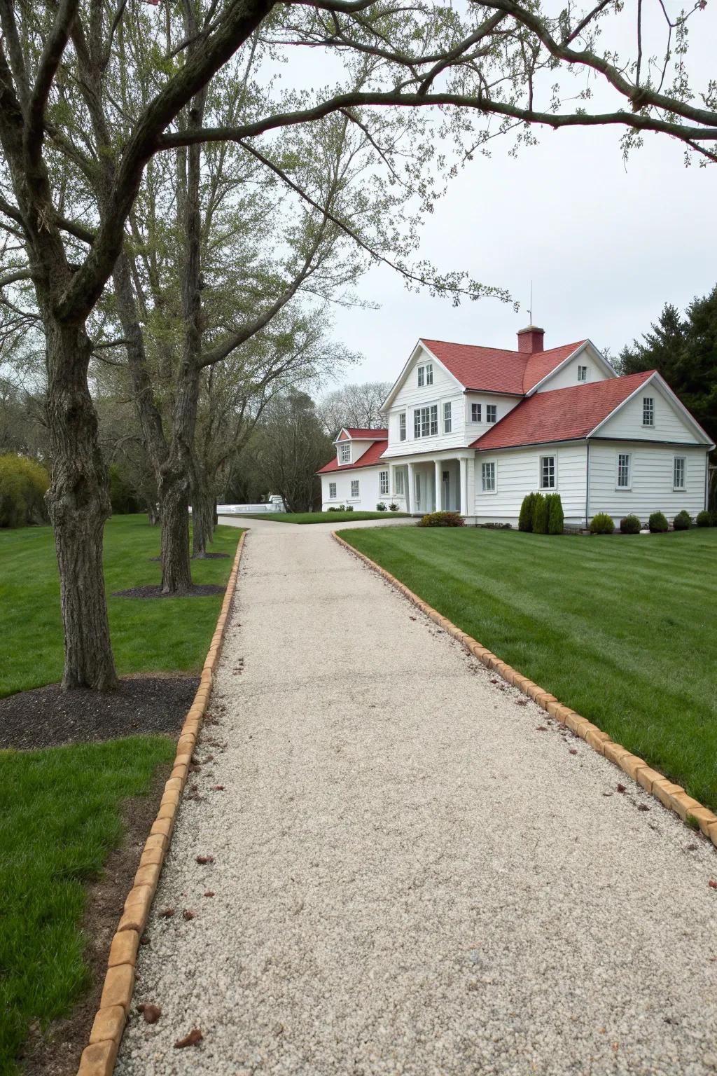 An enduring gravel driveway distinguished by its neat lines and classic allure.