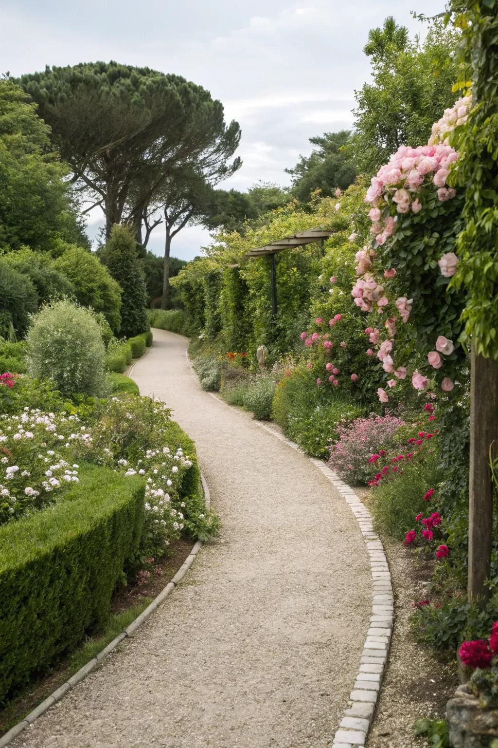 A serpentine gravel path gracefully winding through a verdant garden setting