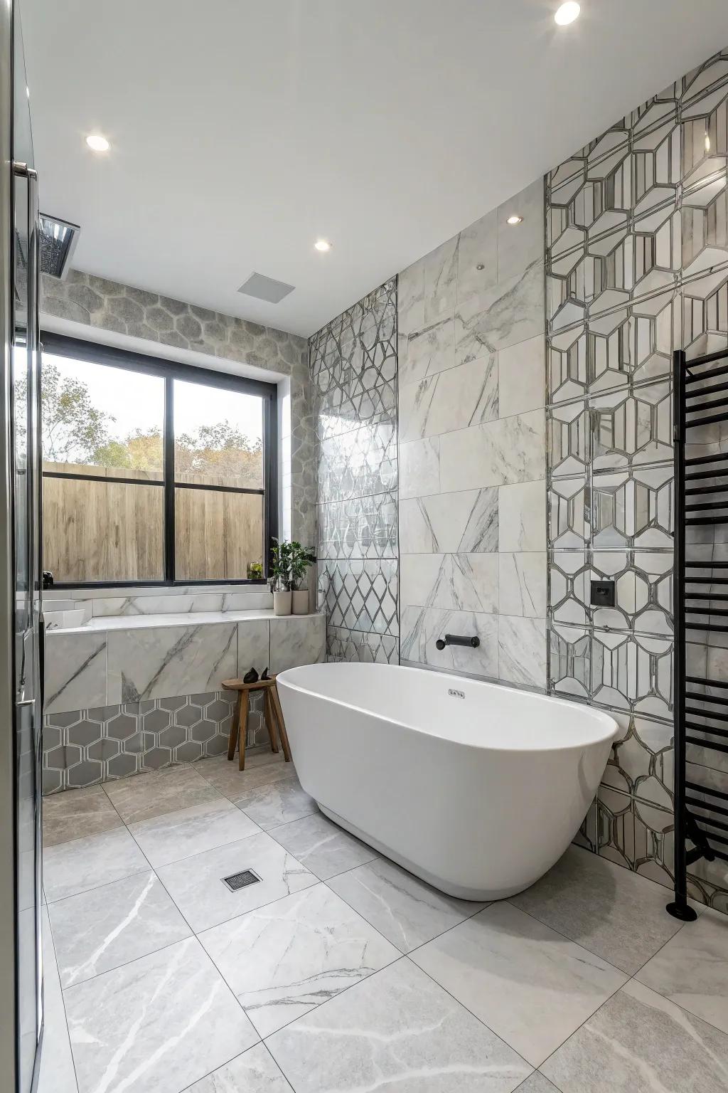 Gray and white marble tiling imparts a hint of sophistication to this lavatory.