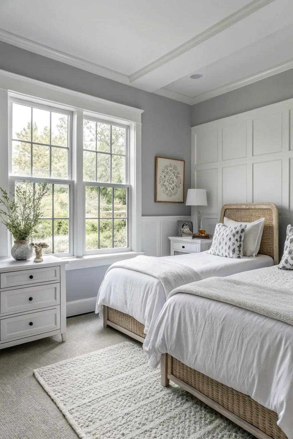 A timeless gray and white bedroom filled with ample natural light.