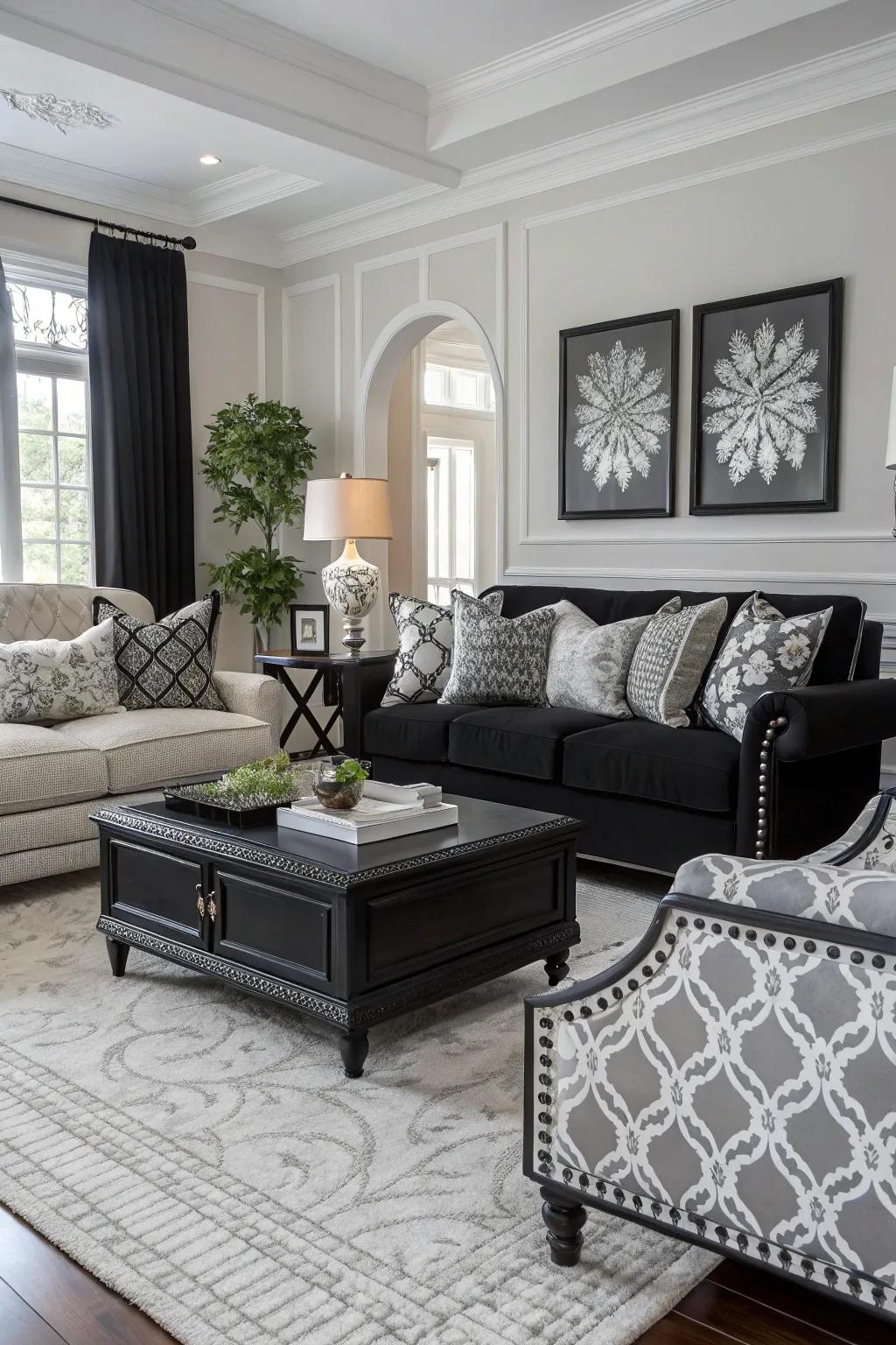 A monochromatic living room harmonizes black, white, and gray shades with delicate designs.