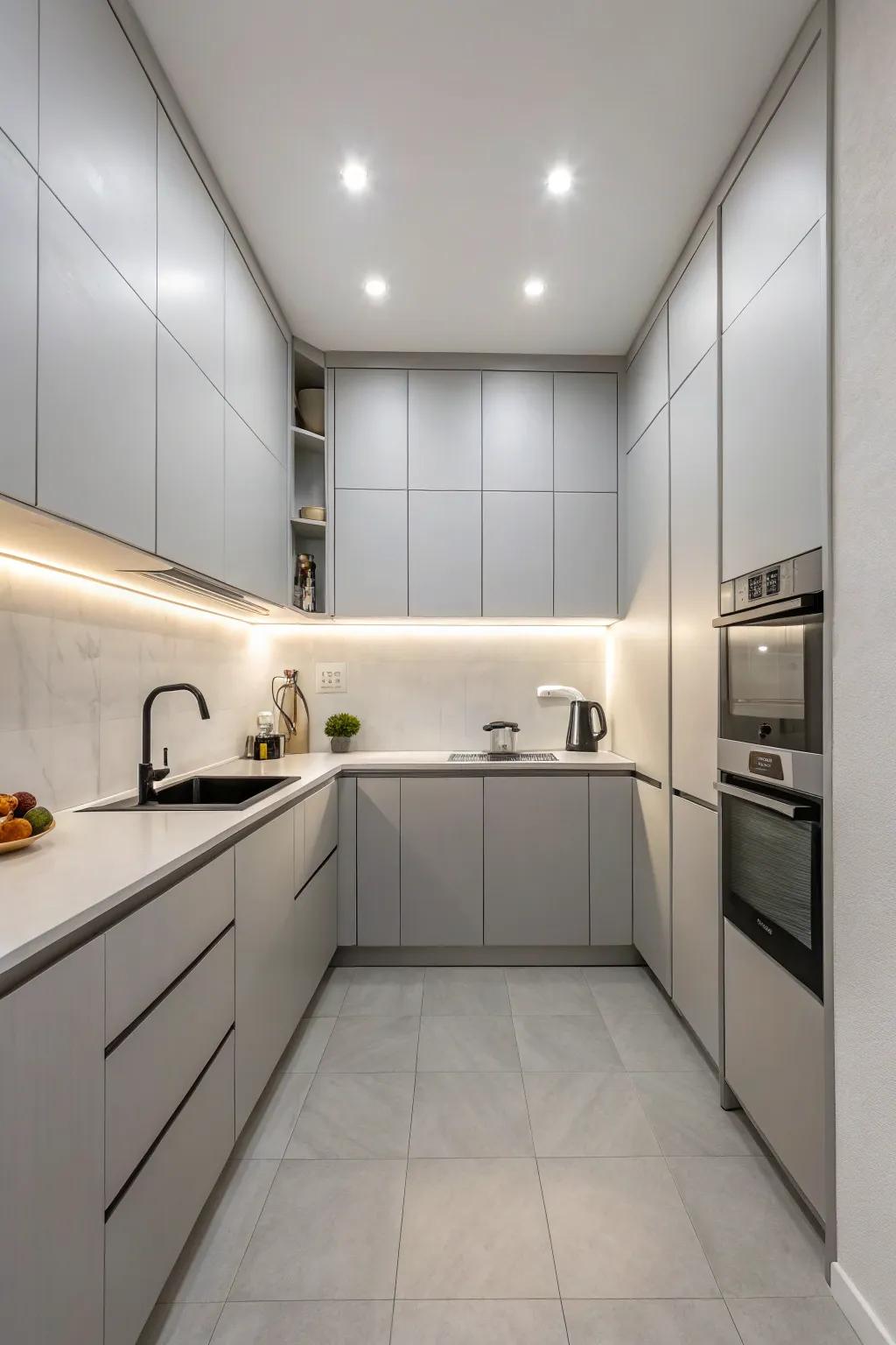 A minimalist kitchen showcasing the refined simplicity of sleek gray cabinetry.