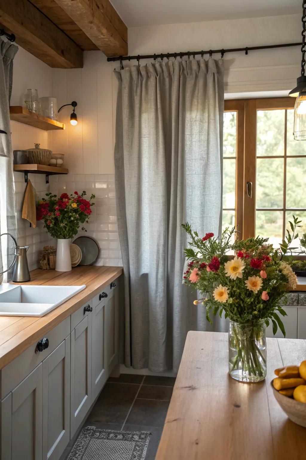 Timeless gray cloth drapes introduce refinement and illumination into the culinary space.
