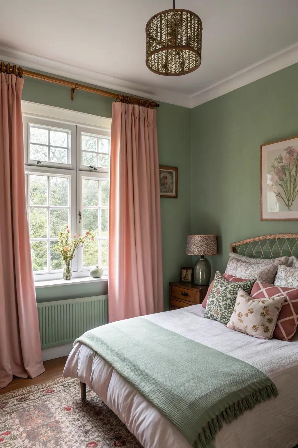 The serene combination of sage green and blush pink cultivates an inviting and restful ambiance.