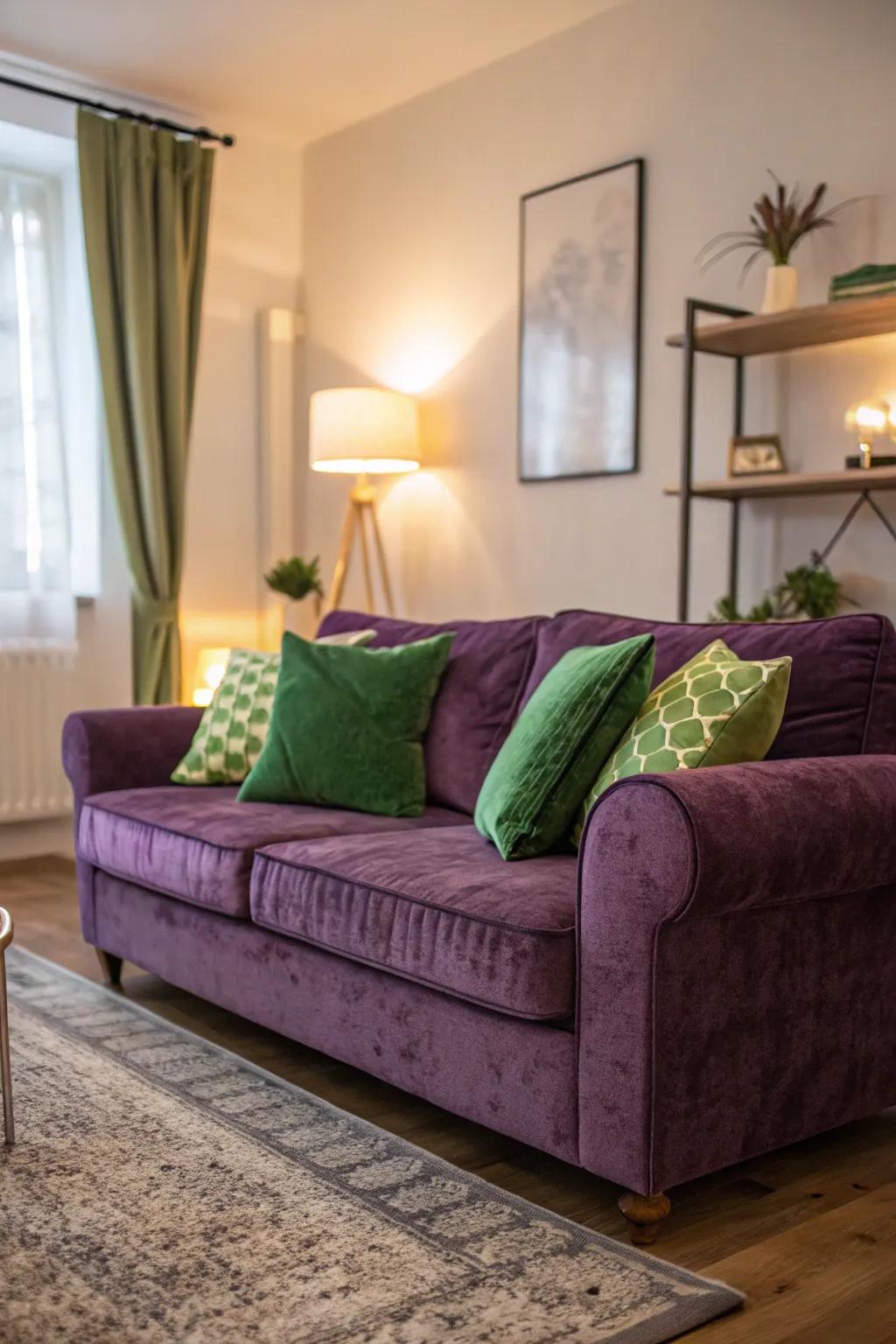 A lavish purple velvet settee enhanced with verdant cushions.