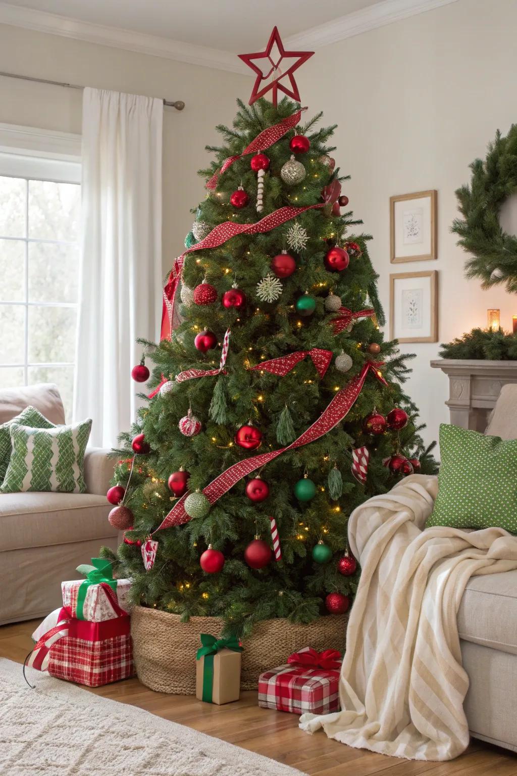 A quintessential green and red Christmas tree radiating nostalgic charm.