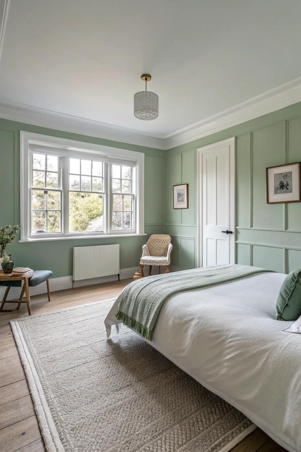 Sage green walls with white trim present a peaceful visual effect.